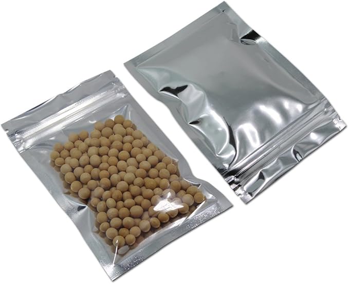 PABCK 100 Pack Clear Front Resealable Mylar Bags 8.5x14cm (3.3x5.5inch) Heat Seal Aluminum Foil Plastic Packaging for Zip Bulk Food Storage Zipper Lock Candy Foil Pouch with Tear Nothces