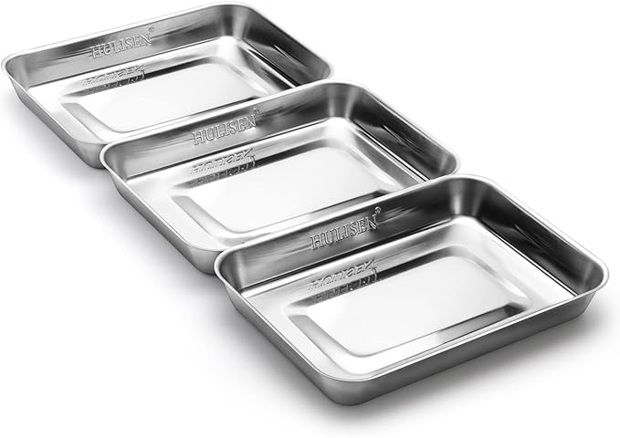 HULISEN Breading Trays Set of 3, Large Stainless Steel Breading Pans for Dredging Chicken Breasts and Marinating Meat, Interlocking Food Prep Trays for Coating Fish and Breadcrumb Dishes, Oven Safe