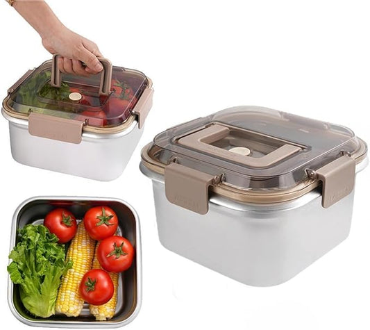 Food Storage Containers Outdoor 304 Stainless Steel Crisper Box Refrigerator Freezer Storage Box Fruit Seal Box Microwave Oven Heat-resistant (3800ML)
