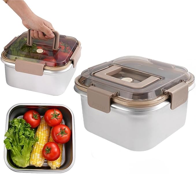 Food Storage Containers Outdoor 304 Stainless Steel Crisper Box Refrigerator Freezer Storage Box Fruit Seal Box Microwave Oven Heat-resistant (3800ML)
