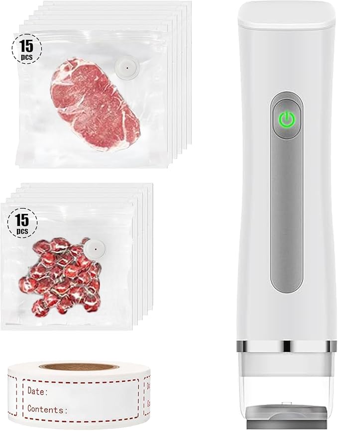 Vacuum Sealer with Visible Water Tank,White Handheld Vacuum Sealer for Freshness Storage,60kpa Food Saver with 30 Reusable Bags and 150pcs(3"x1") Removable Freezer Labels