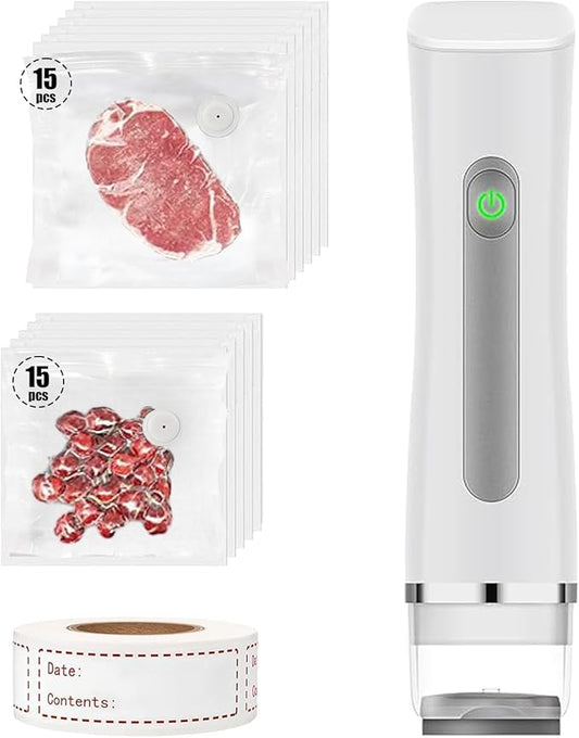 Vacuum Sealer with Visible Water Tank,White Handheld Vacuum Sealer for Freshness Storage,60kpa Food Saver with 30 Reusable Bags and 150pcs(3"x1") Removable Freezer Labels
