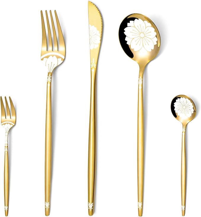 Gold Silverware Set with Pattern 20 Piece, Stainless Steel Flatware Sets for 4, LaienLife Unique Utensils Set with Forks Spoons Teaspoon, Home Party Kitchen Cutlery, Mirror Polished Dishwasher Safe