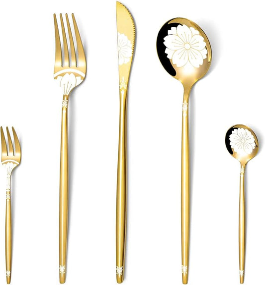 Gold Silverware Set with Pattern 20 Piece, Stainless Steel Flatware Sets for 4, LaienLife Unique Utensils Set with Forks Spoons Teaspoon, Home Party Kitchen Cutlery, Mirror Polished Dishwasher Safe