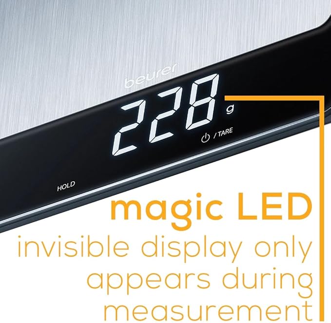 Beurer KS34 Digital Kitchen Scale - Precise Scale for Food Ounces and Grams, 33lbs Capacity, XL Weighing Platform for Meal Prep, Magic Display, Tare Function - Batteries Included - Black Glass