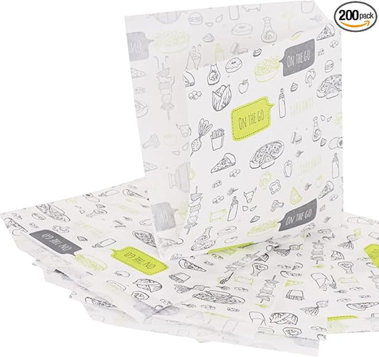 (Pack of 200) Paper Bags for Food Packaging 5.11" x 5.11" (13 x 13 cm), Greaseproof Fast Food Bags, Food Packaging, Burger Bags