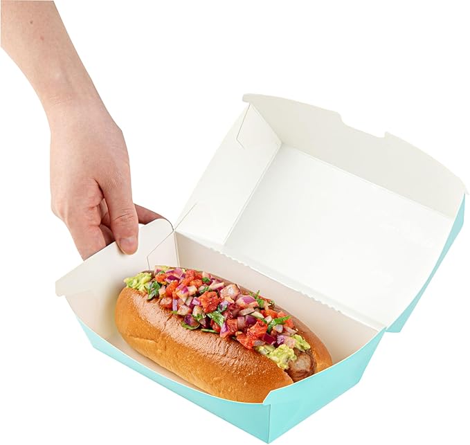 Restaurantware Bio Tek 6.7 x 3.5 x 3.5 Inch Clamshell Food Containers 100 Disposable Sandwich Containers - Hinged Lid Tab-Lock Closure Turquoise Paper Hot Dog Containers Durable Greaseproof