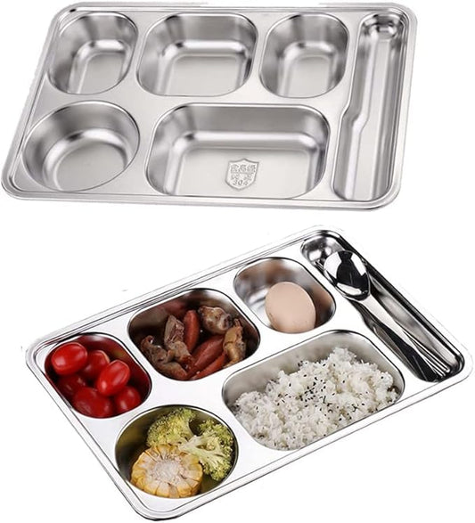 2 Pack Stainless Steel Divided Plates, Large 6 Sections Dinner Plates for Adults,Rectangular Serving Platter for Camping,Unbreakable Divided Portion Plates,Dishwasher Safe,Every Day Use