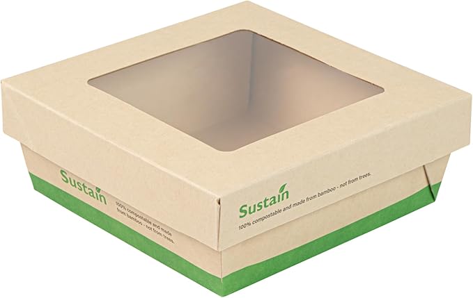 Restaurantware-27 Ounce Sturdy Paper Take Out Boxes, 50 Disposable Take Out Food Containers - With PLA lining, Paper Lid With Clear PLA Window, Bamboo Paper Containers, Compostable, Greaseproof