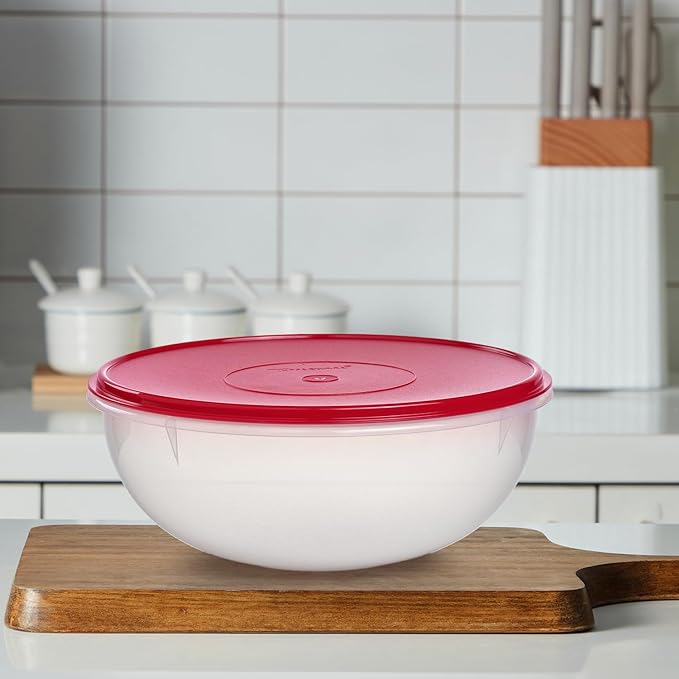 Tupperware Fix-N-Mix 1.7 Gallon Mixing Bowl, Clear with Lipstick Colored Airtight Lid, Dishwasher Safe and BPA Free (6.5 L)