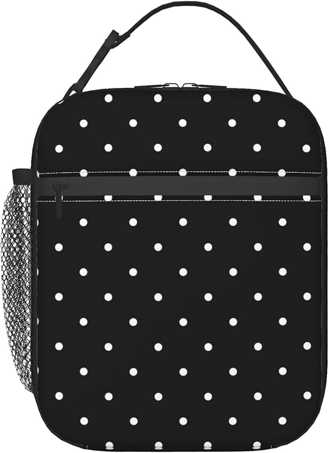Polkadot Polka Dot Black And White Insulated Lunch Bag Portable Reusable Zipper Lunch Box For Men Women Work Picnic Travel Camping