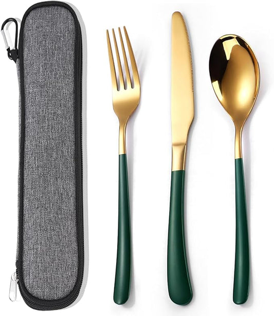 MURRI&MURRDI Stainless Steel Cutlery Set for 1, Reusable Flatware Set with Case, Cutlery Set for Work Stainless Steel Knife Fork Spoon Set 3 Piece (B- 3 Green Gold)