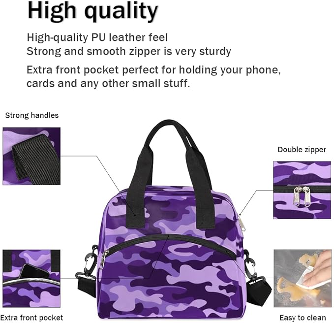 Purple Camouflage Insulated Lunch Bag for Women Men Reusable Lunch Box Cooler Bag Large Leakproof Lunch Tote with Adjustable Shoulder Strap for Adult Work Picnic Camping Beach Office