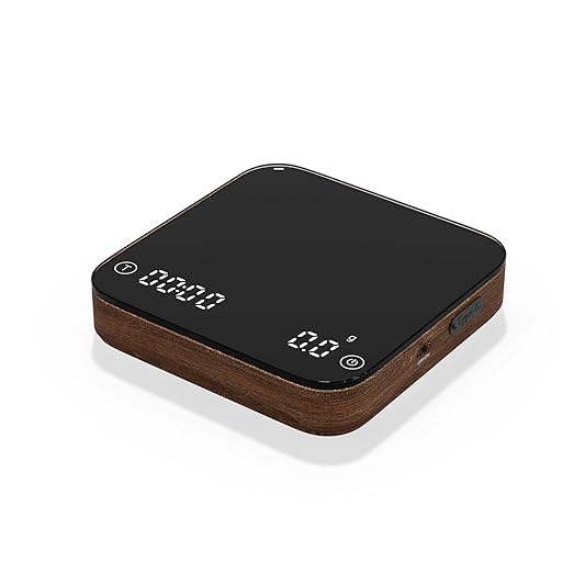 KitchenTour CaféMetric Coffee Scale with Timer 0.1g/2000g - Precision Scale for Espresso & Pour Over - Water Flow Speed Mode and Coffee Powder-to-Liquid Ratio Mode - Rechargeable, LCD Display-Wood