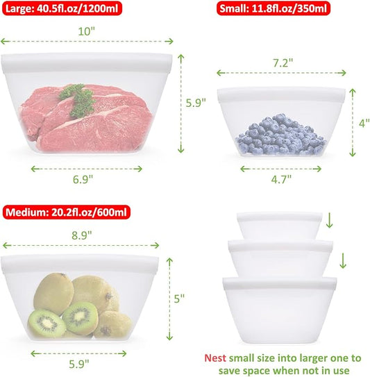 Reusable Silicone Food Storage Bags - 100% Food Grade BPA-Free, Freezer/Microwave/Dishwasher Safe | Stand-Up Zip Closure, Leakproof Eco-Friendly Meal Prep Containers (3 Pack)