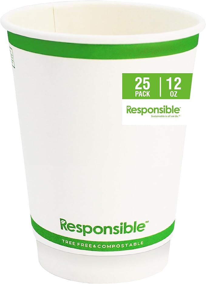 12 oz Double Wall Insulated Paper Coffee Cups (25 Count) – Smooth Wall Insulated To Go Coffee Cups - Natural White, Compostable, Eco-Friendly, Disposable Hot Beverage Cups
