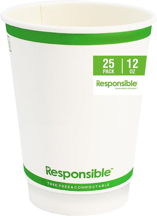 12 oz Double Wall Insulated Paper Coffee Cups (25 Count) – Smooth Wall Insulated To Go Coffee Cups - Natural White, Compostable, Eco-Friendly, Disposable Hot Beverage Cups