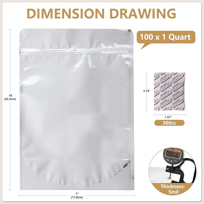 100 Pack 7 x 10 Inch Mylar Bags for Food Storage with Oxygen Absorbers 300CC(110Pcs) and Labels(120Pcs), 1 Quart Stand Up Resealable Mylar Bags(5mil Thickness)