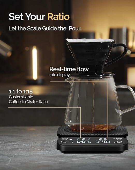 Maestri House Rechargeable Coffee Scale with Timer, 3kg/0.1g Pour-Over Scale, 3 Brewing Modes, Customizable Brew Ratio, Barista-Grade Digital Coffee Scale for Pour-Over, Espresso, French Press-Black