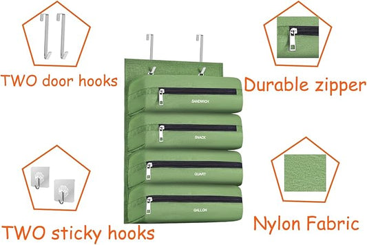 Zipper Bag Organizer Suitable for kitchen RV Campers with Zipper Gallon, Quart, Sandwich and Snack Food Storage Bags, Kitchen Plastic Bag Storage Organizer (Green)