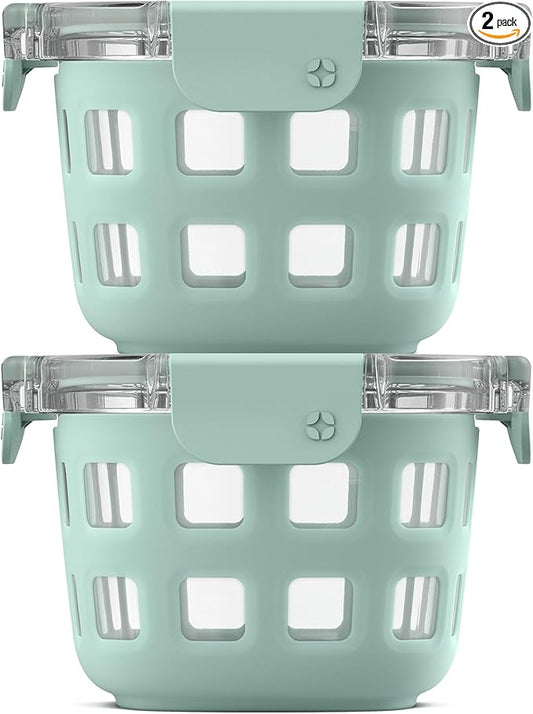 Ello Duraglass 2-Pack 2 Cup Reusable Glass Container Jar with Leak Proof Lids and Protective Silicone Sleeves | Perfect for Overnight Oats, Snacks, Yogurt | BPA-Free | Dishwasher Safe | Yucca