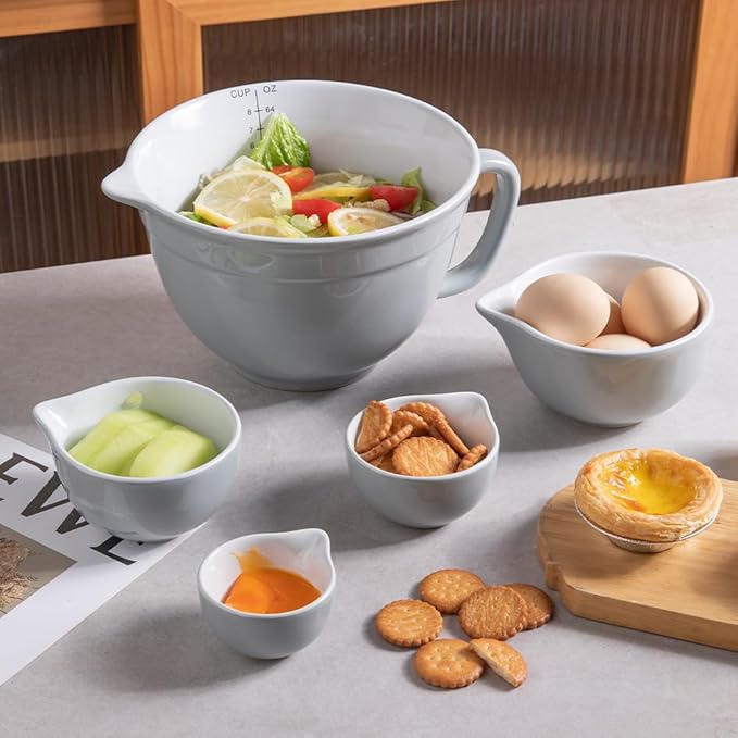 Sweejar Porcelain Mixing Bowl with Scale, Ceramic Serving Container for Kitchen, Nesting Bowl with Handle, Using for Baking, Prepping, Cooking, Set of 5 (Gray)