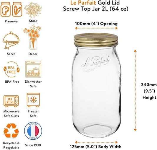 Le Parfait Screw Top Jar Wide Mouth French Glass Jar | Ideal for Food and Soup Storage, Canning, Flour, Brown Sugar, and other Baking Supplies (2L/64oz, Single, Gold)
