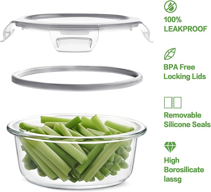 HOMBERKING 24pc Glass Food Storage Containers with Lids, Glass Meal Prep Containers, Airtight Glass Bento Boxes, BPA Free & Leak Proof, Pantry Kitchen Storage(12 lids & 12 Containers) - Gray