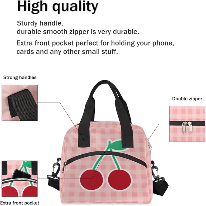 Pink Check Cherry Print Insulated Lunch Bag with Detachable Shoulder Strap & Carry Handle Reusable Eco-friendly Cooler Bag Tote Bag Picnic Box for Kids Men Women