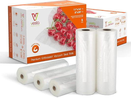 Vesta Precision Premium Vacuum Sealer Bags Rolls - 8” x 20’ (2 Rolls) | 11” x 16’ (3 Rolls) 5 Mil Thickness, Puncture Resistant, Ideal for Food Storage, Meal Prep, and Sous Vide