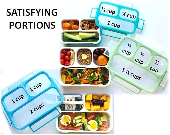 kinsho Leakproof Bento Lunch and Snack Boxes. Family Pack of 4 Meal Planning Portion Containers For Women, Adults. BPA Free. Utensils, Blue & Green (2 large + 2 Mini Lunch box)