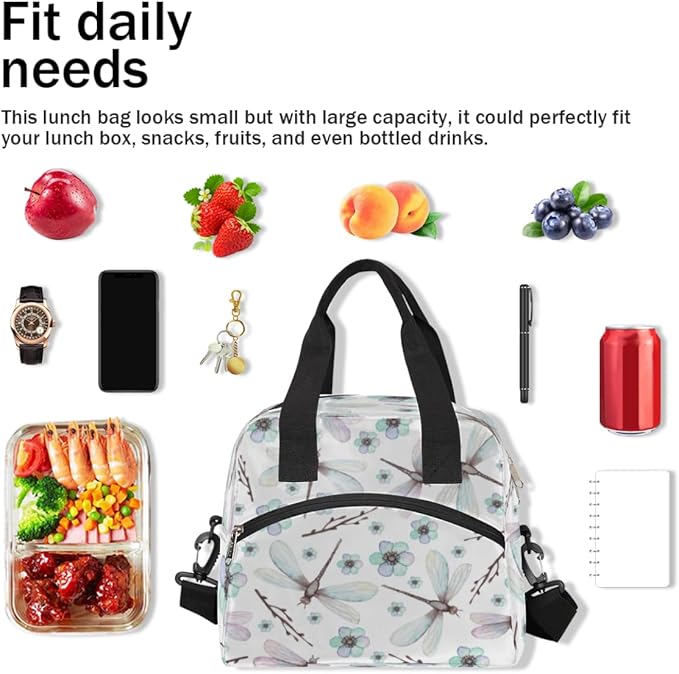 Insulated Lunch Bag for Women Men Dragonfly Leakproof Cooler Tote Bag Large Reusable Adult Lunch Box with Adjustable Shoulder Strap for Office Work Picnic Travel Beach