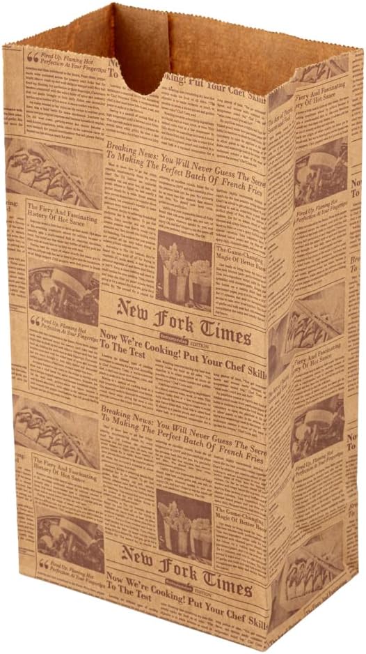Restaurantware Bag Tek 4 Lb Disposable Lunch Bags 100 Sturdy Take Out Bags - Flat Bottom Microwavable Kraft Newsprint Design Paper Bags Freezable Great For Restaurants Cafes And Bakeries
