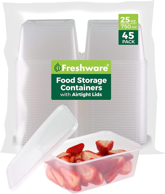 Freshware [45 Pack, 25 oz Plastic Deli Food Storage Soup Containers With Airtight Lids, Slime Containers, Freezer Safe | Meal Prep | Stackable | Leakproof | BPA Free, Clear