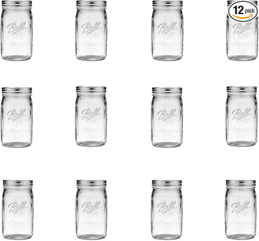 Ball Wide Mouth Clear Glass Canning Quart 32 Oz Mason Jars with Lids, 12 Pack