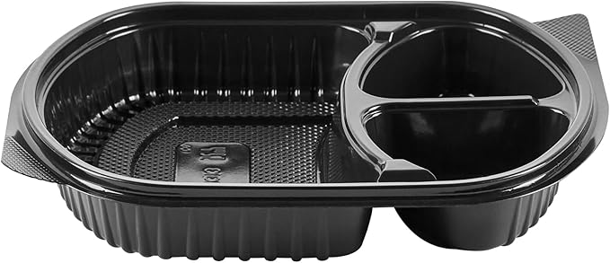Restaurantware RW Base 27 Ounce Meal Prep Containers, 50 Microwavable To Go Containers With Lids - 3 Compartments, Disposable, Black Plastic Oval Food Containers, For Hot And Cold Food, Freezable