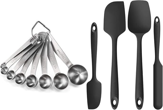 U-Taste 18/8 Stainless Steel Measuring Spoons Set for Dry and Liquid Ingredients, and Upgraded 600ºF High Resistant Flexible and Sturdy Silicone Spatula Set of 4 (Black)