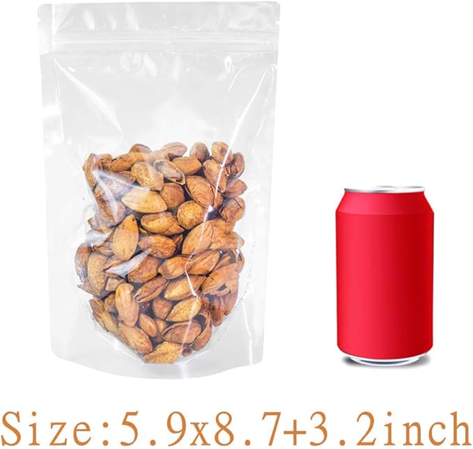 100 Pack Reusable Clear Stand Up Mylar Food Storage Bags, 5.9x8.7+3.2inch, Polyethylene (PE) Mylar Bags Made of Premium PE, Self Seal, BPA Free