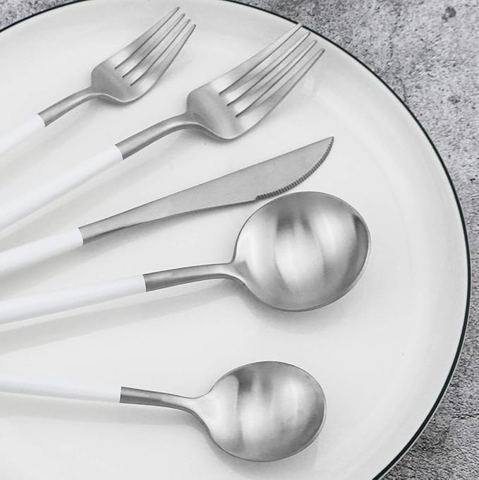 20-Piece 18/10 Stainless Steel Flatware Silverware, Luxury Dinnerware Set Travel Cutlery Tableware Include Knife Fork Spoon Service for 4, Dishwasher Safe (White Handle Matte Silver)