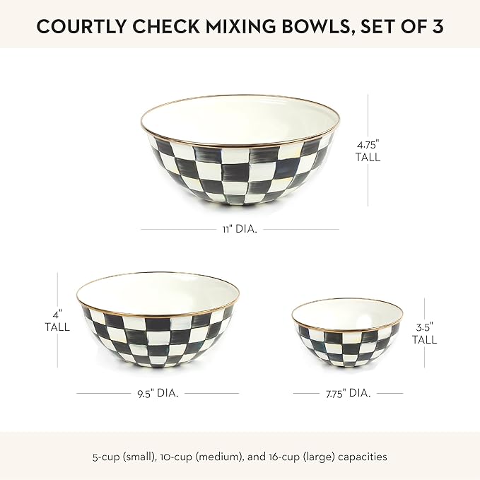MACKENZIE-CHILDS Enamel Mixing Bowl Set, Small 5-Cup, Medium 10-Cup, and Large 16-Cup Serving Bowls for Entertaining, Set of 3, Black-and-White Courtly Check