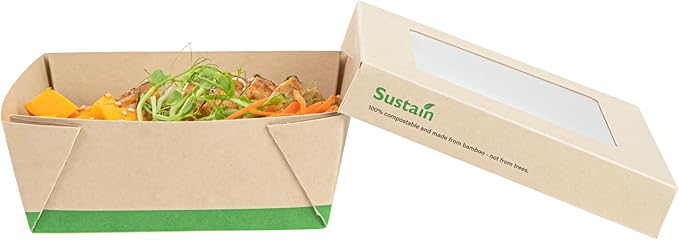Restaurantware-27 Ounce Sturdy Paper Take Out Boxes, 50 Disposable Take Out Food Containers - With PLA lining, Paper Lid With Clear PLA Window, Bamboo Paper Containers, Compostable, Greaseproof