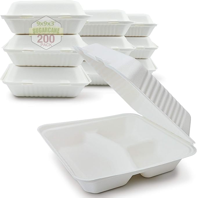 Green Earth 9-inch, 200-Count, 3-Compartment, Compostable Clamshell, Natural Bagasse (Sugarcane Fiber), Take-Out/to-Go Food Boxes - Biodegradable Containers, Hinged Lid Microwave-Safe Gluten-Free