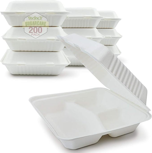 Green Earth 9-inch, 200-Count, 3-Compartment, Compostable Clamshell, Natural Bagasse (Sugarcane Fiber), Take-Out/to-Go Food Boxes - Biodegradable Containers, Hinged Lid Microwave-Safe Gluten-Free
