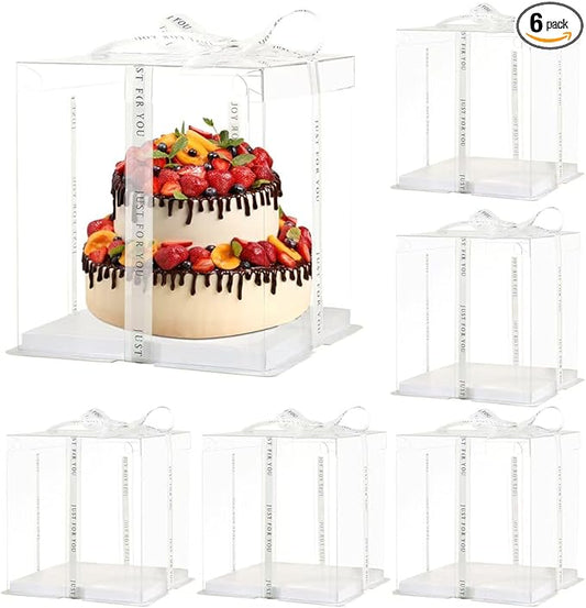 6 Pcs 2-Layer Tall Cake Packaging Boxes,8x8x9in Clear Cake Box with Ribbon,PET Cake Carrier Transport Container for Tiered Cake (White Lid, 12 * 12 * 10inch/6Pcs)