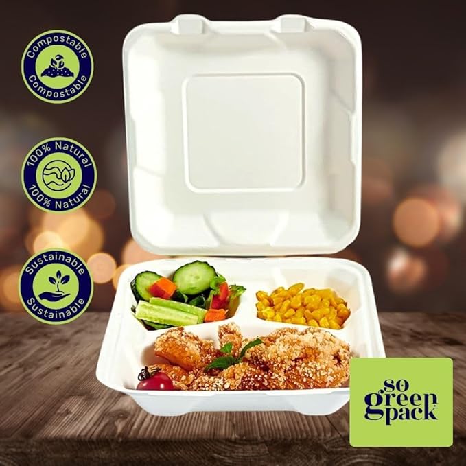 50 Packs Disposable 8x8 Clamshell with 3 Compartments Take-Out Container Compostable Biodegradable Bagasse & Eco-friendly To Go Container for Food