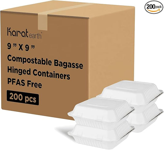 KARAT EARTH Clamshell Take Out Food Containers [9"x9", 200 ct ] Compostable To Go Containers, Natural Biodegradable Bagasse | White