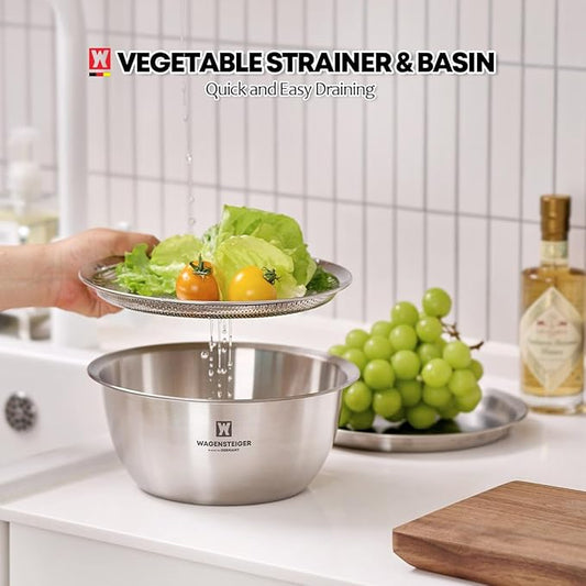 Stainless Steel Mixing Bowl Set (3-Piece) – Multifunctional Food Prep & Baking Tools with Strainer and Serving Tray, Oil Drain Tray, Nesting Storage, Easy Measurement Marks (9.45 Inch)