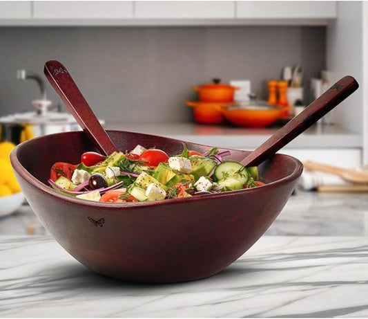 Melvvi Large Wooden Salad Bowl Set – 12" Acacia Wood Serving Bowl with 2 Utensils | Scratch-Resistant - For Salad, Pasta & Fruits | Great Gift for Fathers | Kitchen & Dining (Royal Brown)