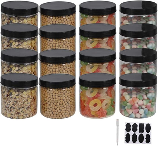 12 Pack 16 oz Plastic Jars with Lids, Extra Labels, 1 Pen, Clear PET Seal Jar for Food Storage,Wide Opening Storage jar For Dry Food, Peanut, Powder, Kitchen & Craft Storage