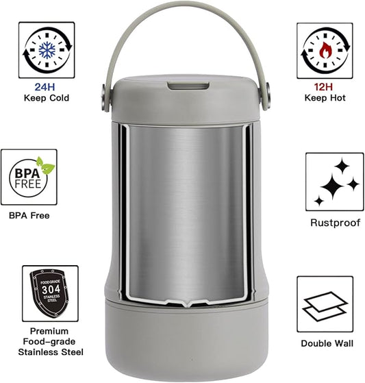 Ideus 20 oz Insulated Soup Thermo with Foldable Spolk and Bowl, All-in-one Stainless Steel Vacuum Thermal Food Jar for Lunch, Leakproof Bento Lunchbox Portable Soup Container Celadon